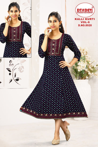 Kalli Vol 6 Dn 8928 Dt Devi Rayon Girls Anarkali Kurti Manufacturer Ahmedabad