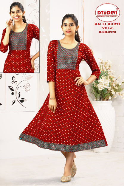 Kalli Vol 6 Dn 8928 Dt Devi Rayon Girls Anarkali Kurti Manufacturer Ahmedabad