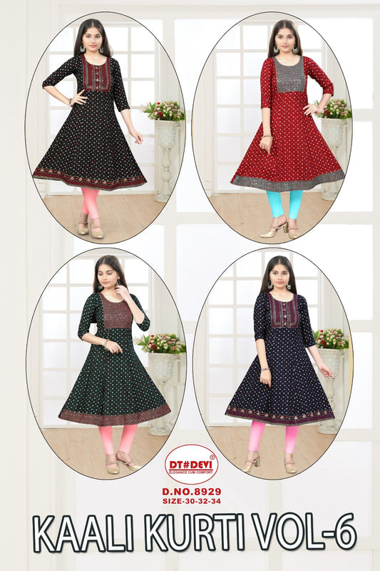 Kaali Vol 6 Dn 8929 Dt Devi Rayon Girls Anarkali Kurti Wholesaler