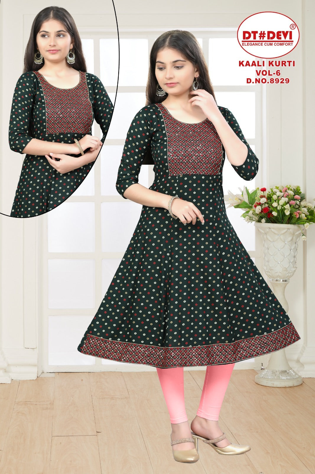 काली वॉल्यूम 6 डीएन 8929 डीटी देवी रेयॉन गर्ल्स अनारकली कुर्ती थोक विक्रेता