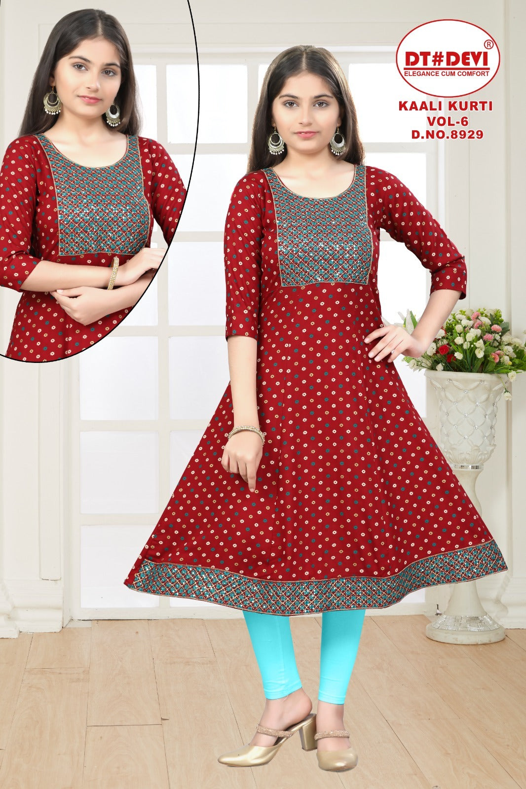 काली वॉल्यूम 6 डीएन 8929 डीटी देवी रेयॉन गर्ल्स अनारकली कुर्ती थोक विक्रेता