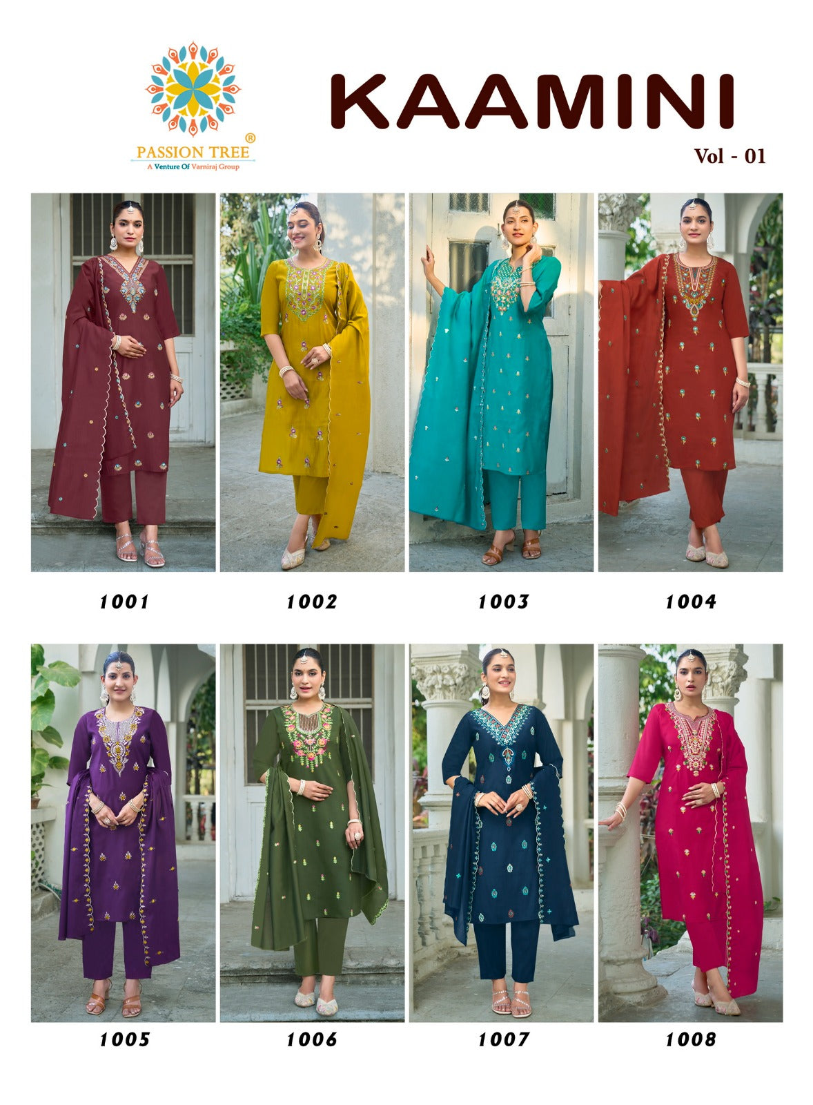 Kaamini Vol 1 Passion Tree Roman Silk Readymade Pant Style Suits Wholesaler Gujarat
