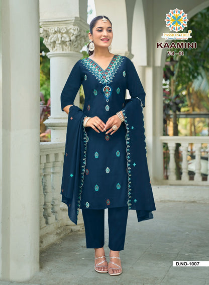 Kaamini Vol 1 Passion Tree Roman Silk Readymade Pant Style Suits Wholesaler Gujarat