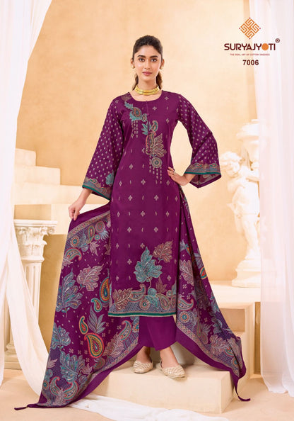 Kaara Advance Vol 7 Suryajyoti Jaam Satin Pant Style Suits Wholesaler Gujarat