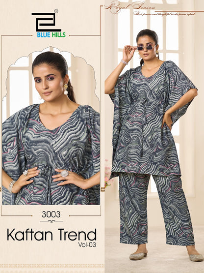 Kaftan Trend Vol 3 Blue Hills Crape Co Ord Set Exporter India