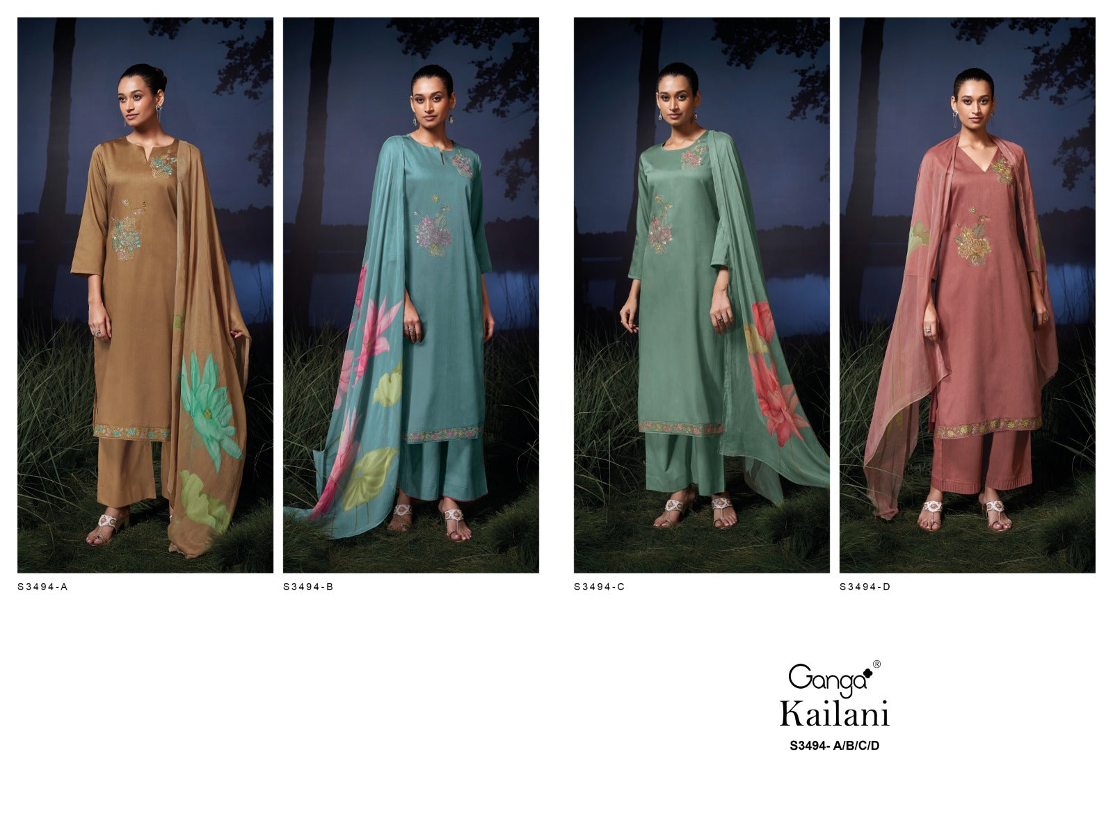 Kailani 3494 Ganga Cotton Satin Plazzo Style Suits Wholesaler Ahmedabad