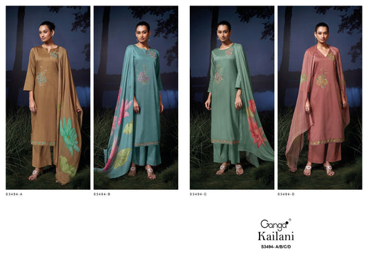 Kailani 3494 Ganga Cotton Satin Plazzo Style Suits Wholesaler Ahmedabad
