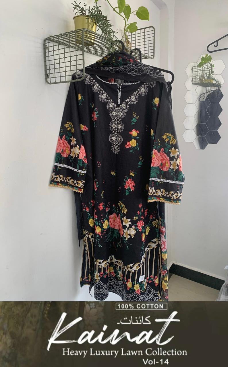 Kainat Vol 14 Keval Fab Lawn Cotton Karachi Readymade Suits Supplier Ahmedabad