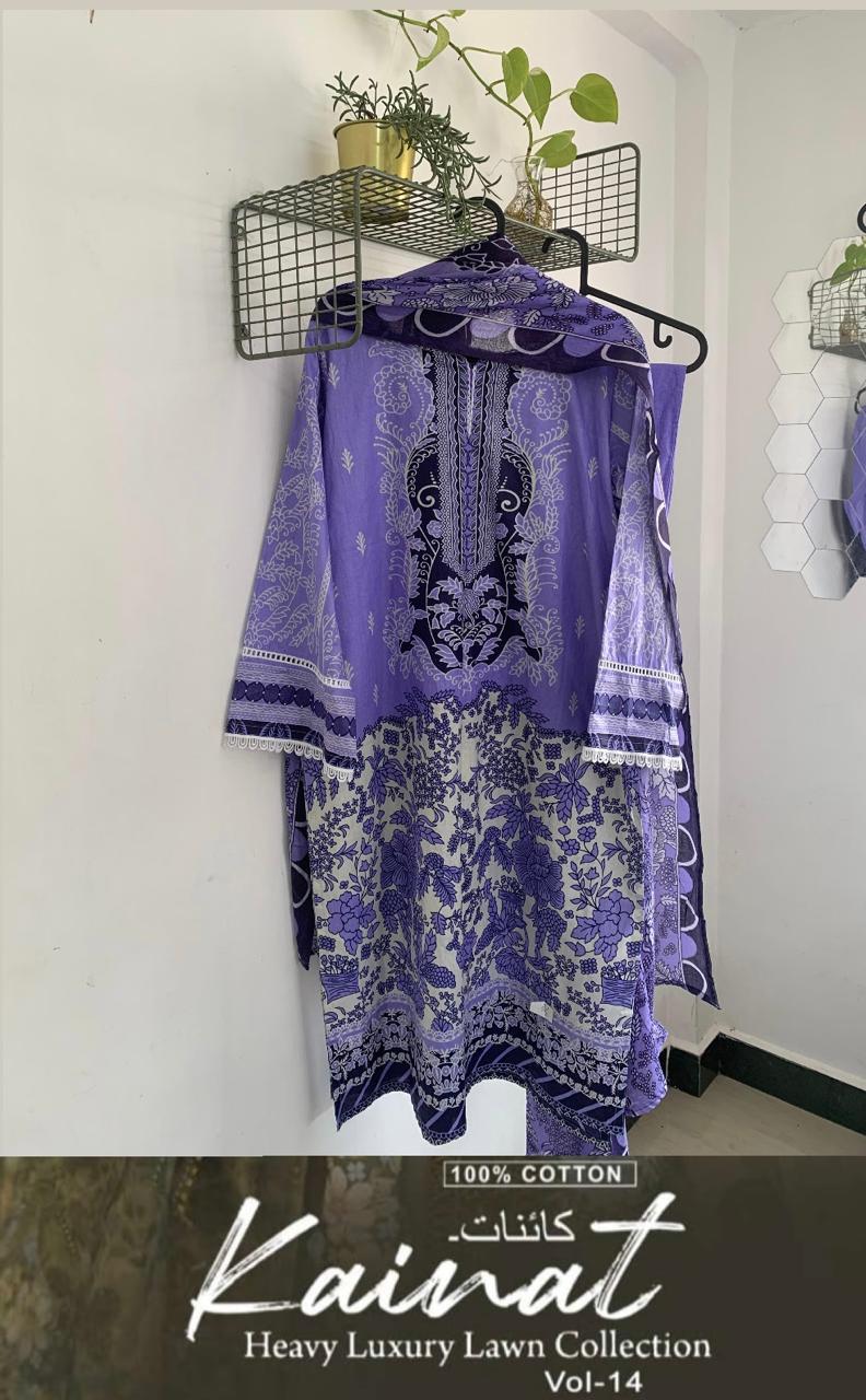 Kainat Vol 14 Keval Fab Lawn Cotton Karachi Readymade Suits Supplier Ahmedabad