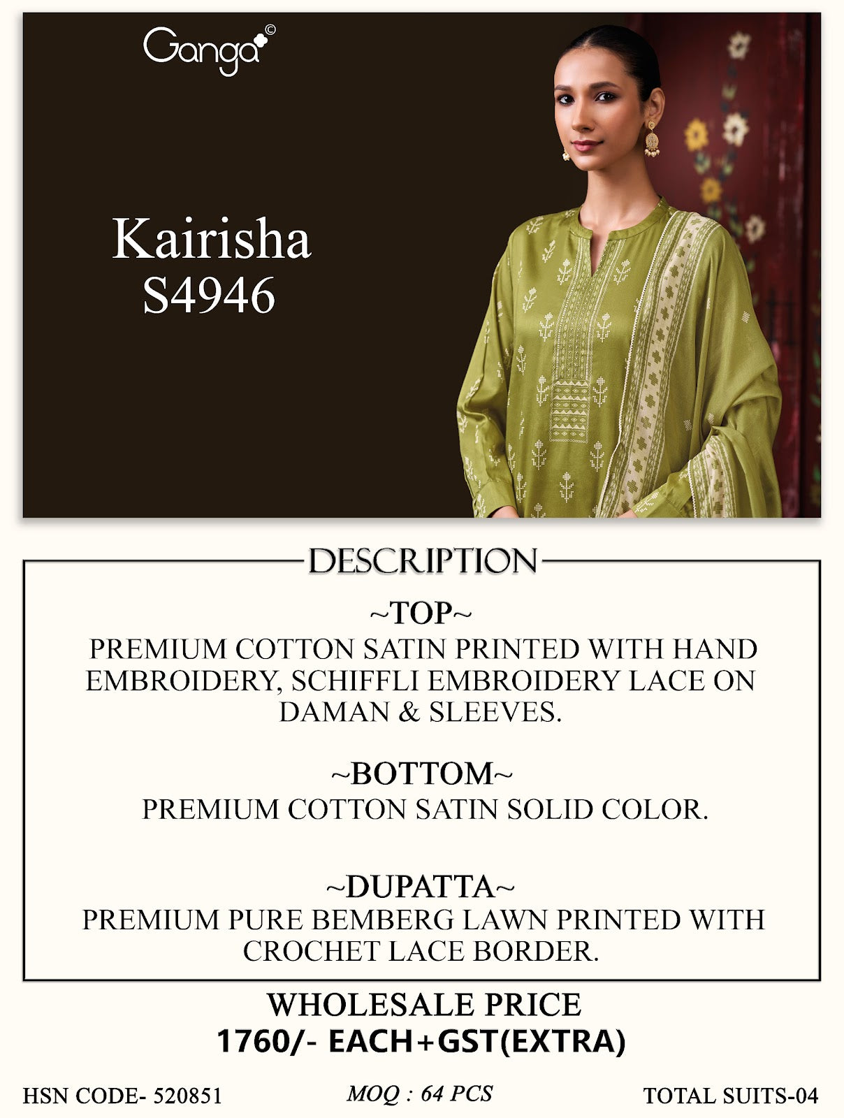 Kairisha S4946 Ganga Cotton Satin Pant Style Suits Supplier India