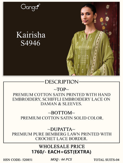 Kairisha S4946 Ganga Cotton Satin Pant Style Suits Supplier India