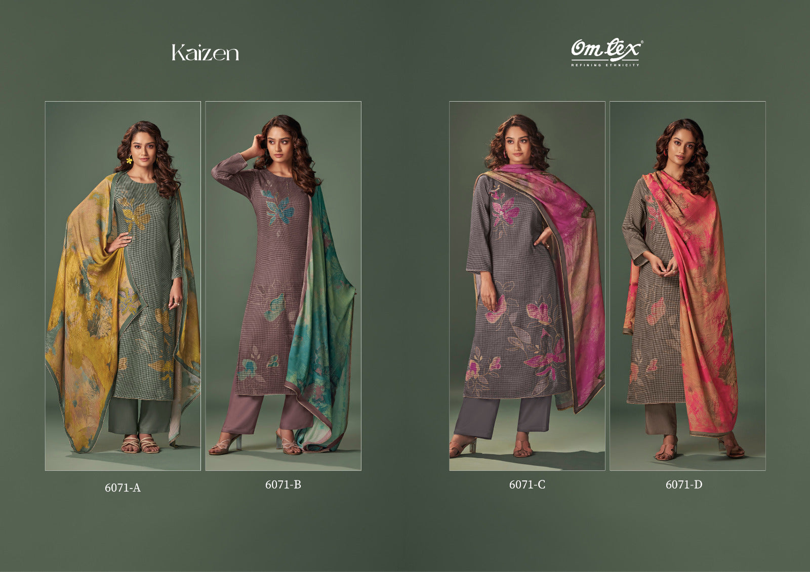 Kaizen 6071 Omtex Kashmeree Checks Pashmina Suits Supplier