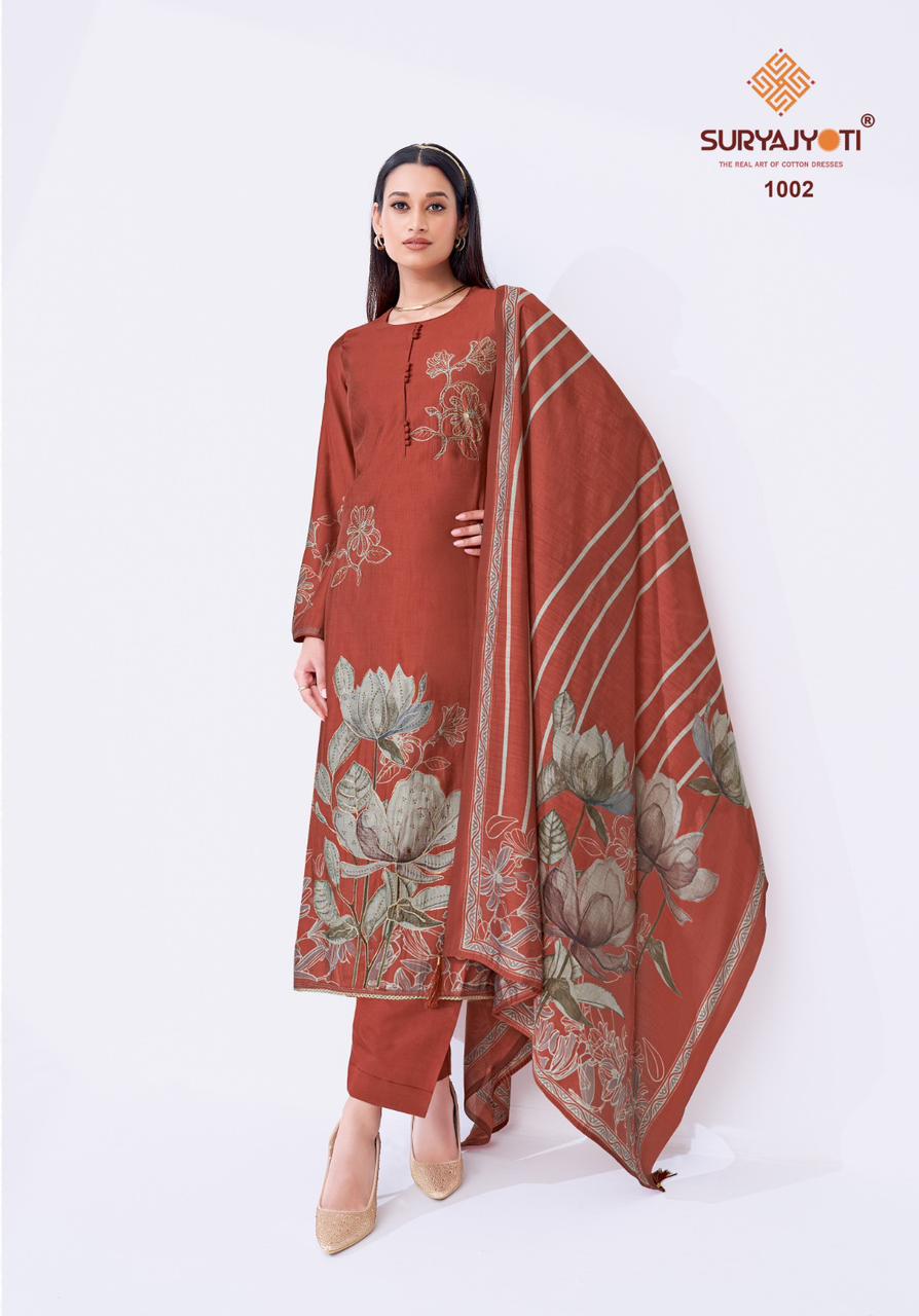 Kakoli Stitch Vol 1 Suryajyoti Modal Silk Readymade Pant Style Suits Wholesaler Ahmedabad