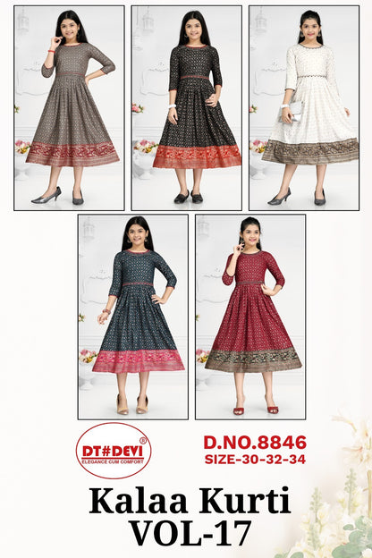 Kalaa Vol 17 8846 Dt Devi Rayon Girls Anarkali Kurti Wholesale