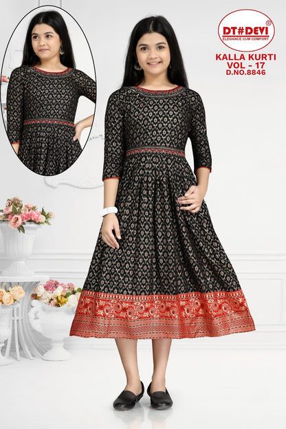 Kalaa Vol 17 8846 Dt Devi Rayon Girls Anarkali Kurti Wholesale