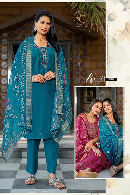Kalki Ramdev Creation Gadwal Silk Readymade Pant Style Suits Wholesaler