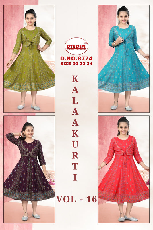 Kalla Vol 16 8774 Dt Devi Rayon Girls Anarkali Kurti Wholesaler Gujarat
