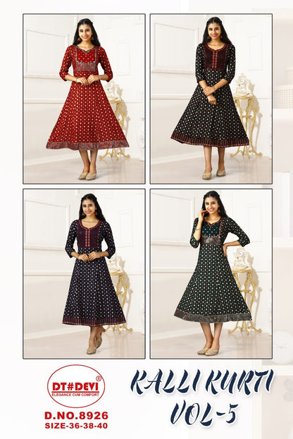 Kalli Vol 5 Dn 8926 Dt Devi Reyon Girls Anarkali Kurti Wholesaler India
