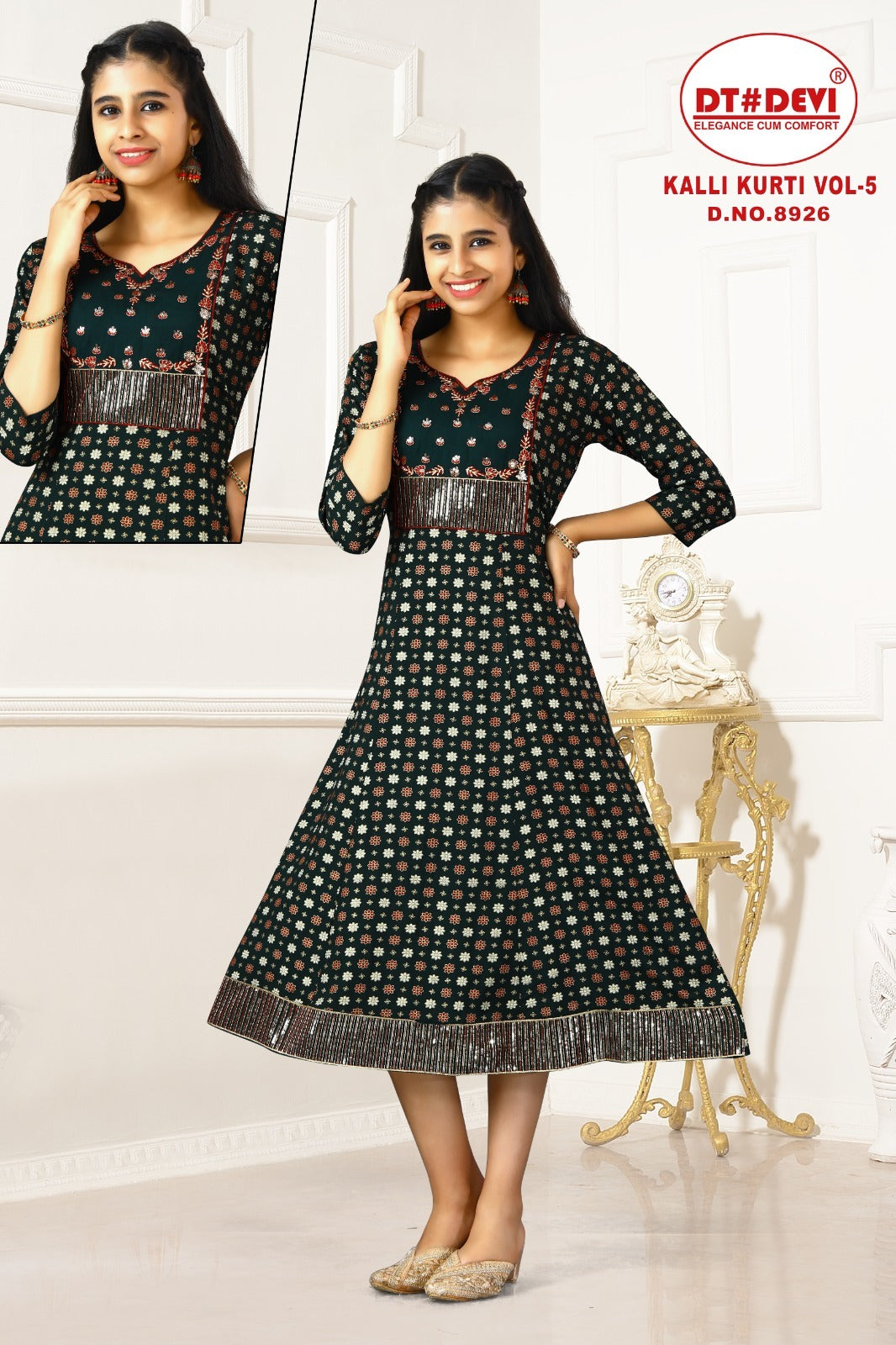 Kalli Vol 5 Dn 8926 Dt Devi Reyon Girls Anarkali Kurti Wholesaler India
