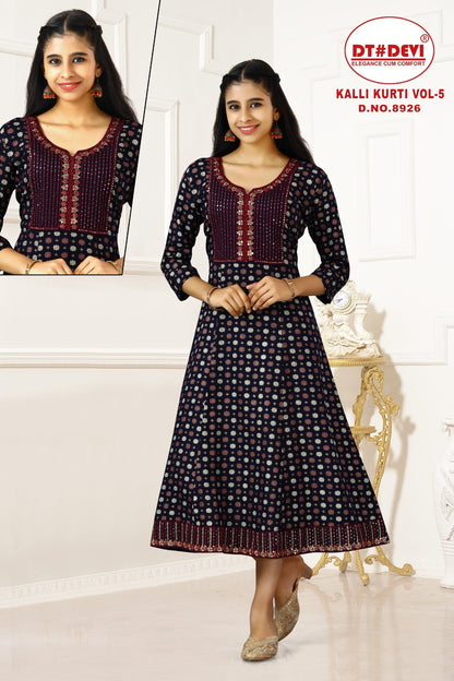 Kalli Vol 5 Dn 8926 Dt Devi Reyon Girls Anarkali Kurti Wholesaler India