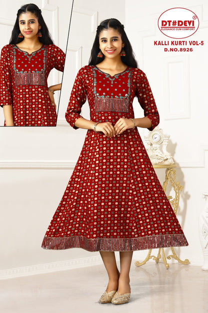Kalli Vol 5 Dn 8926 Dt Devi Reyon Girls Anarkali Kurti Wholesaler India