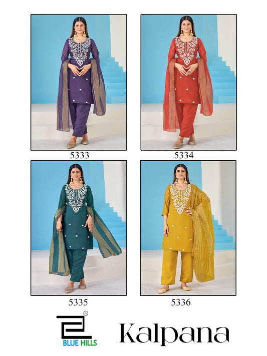 Kalpana Bluehills Mul Chanderi Readymade Pant Style Suits Wholesaler India