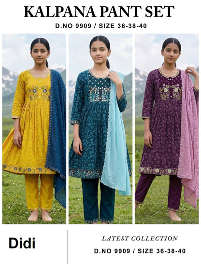 Kalpana Dn 9909 Didi Roman Silk Girls Readymade Pant Suits Supplier Ahmedabad