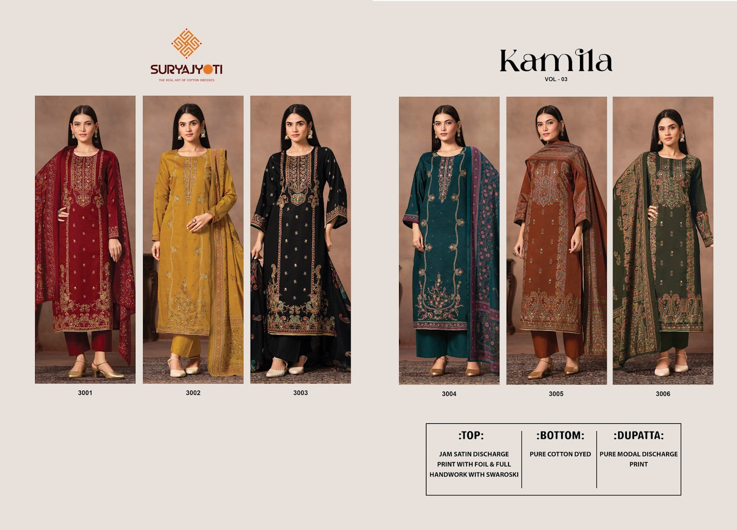 Kamila Vol 3 Suryajyoti Jaam Satin Pant Style Suits Wholesaler Ahmedabad
