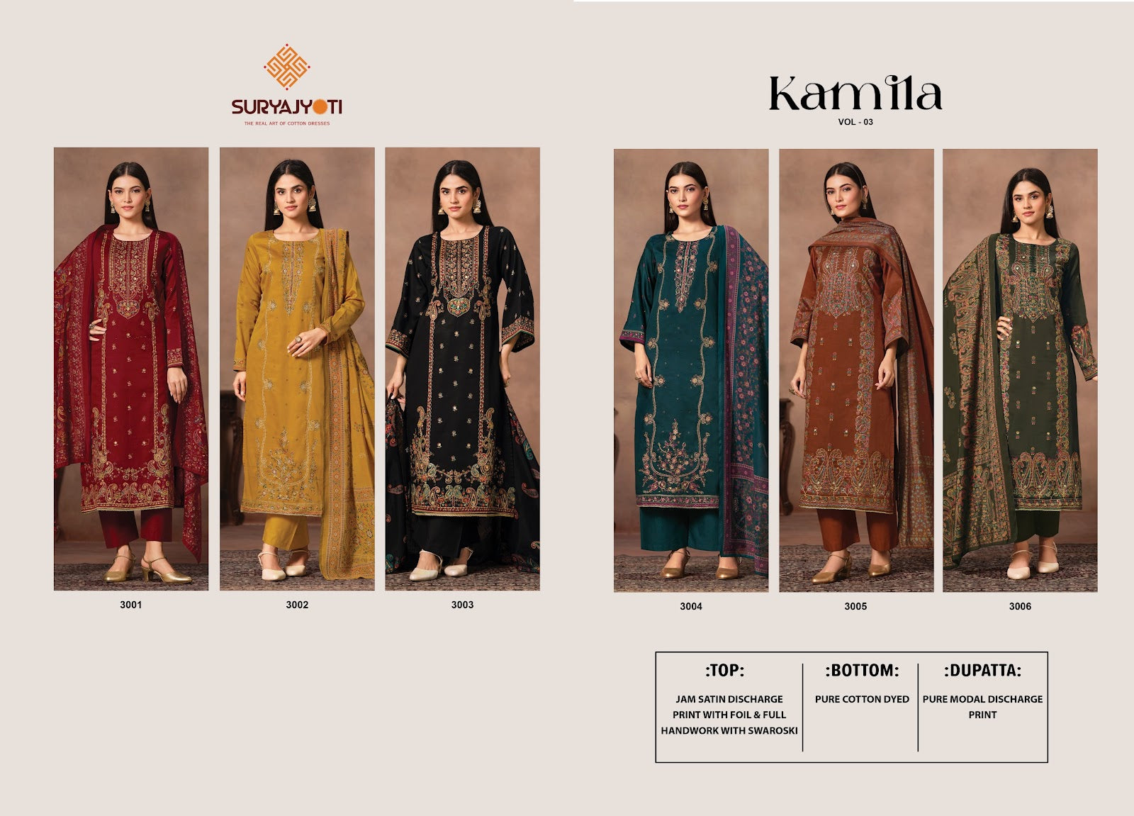 Kamila Vol 3 Suryajyoti Jaam Satin Pant Style Suits Wholesaler Ahmedabad