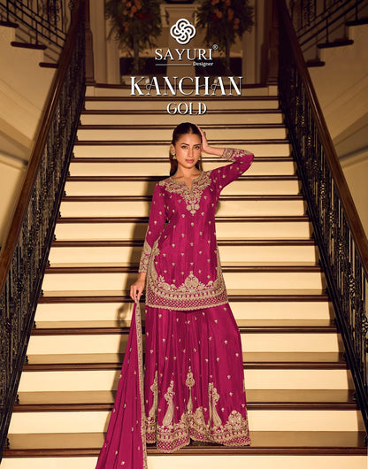 Kanchan Gold Sayuri Chinnon Silk Readymade Sharara Suits Wholesaler India