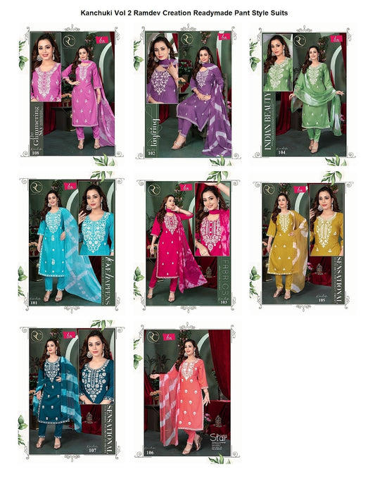 Kanchuki Vol 2 Ramdev Creation Liva Rayon Readymade Pant Style Suits Wholesaler Gujarat