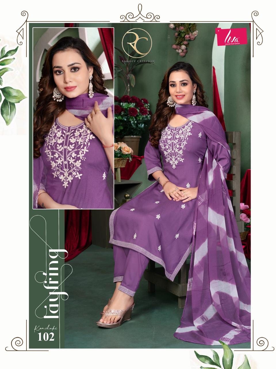 Kanchuki Vol 2 Ramdev Creation Liva Rayon Readymade Pant Style Suits Wholesaler Gujarat