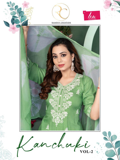 Kanchuki Vol 2 Ramdev Creation Liva Rayon Readymade Pant Style Suits Wholesaler Gujarat