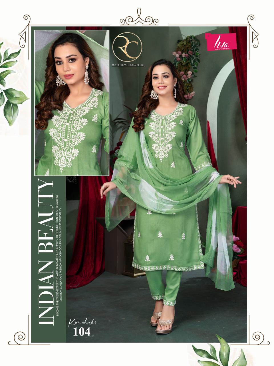 Kanchuki Vol 2 Ramdev Creation Liva Rayon Readymade Pant Style Suits Wholesaler Gujarat