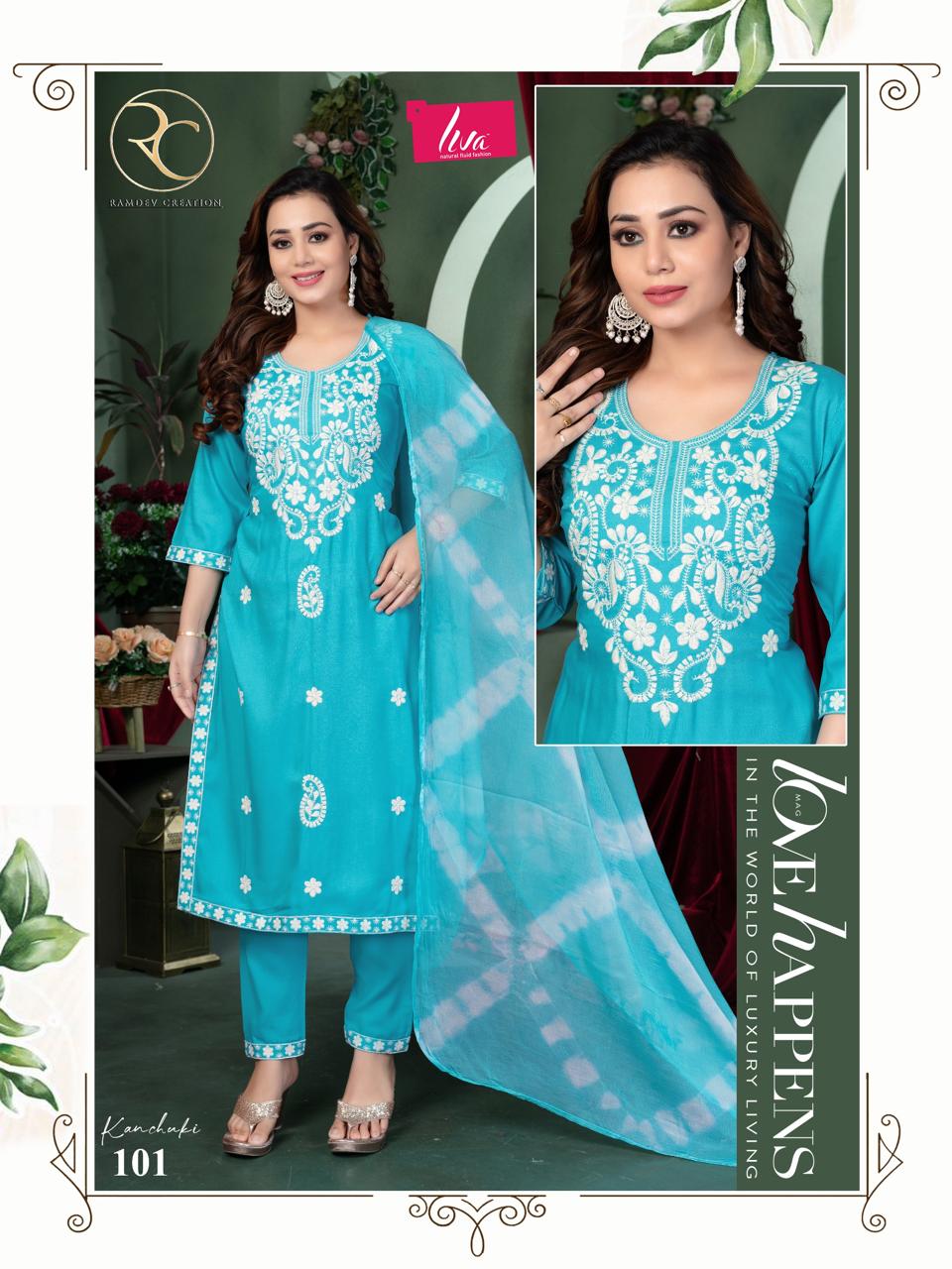 Kanchuki Vol 2 Ramdev Creation Liva Rayon Readymade Pant Style Suits Wholesaler Gujarat