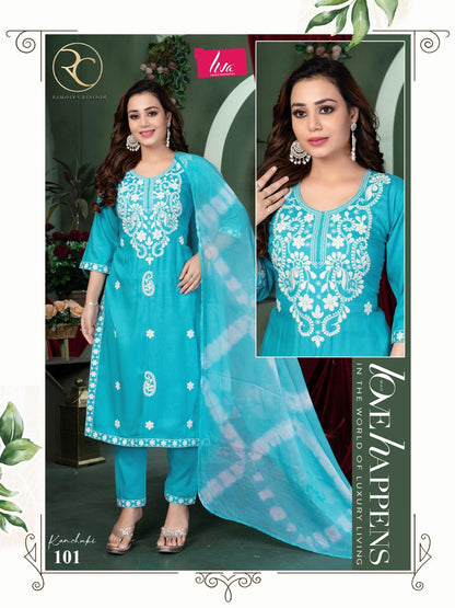 Kanchuki Vol 2 Ramdev Creation Liva Rayon Readymade Pant Style Suits Wholesaler Gujarat