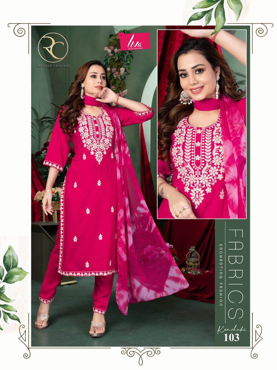 Kanchuki Vol 2 Ramdev Creation Liva Rayon Readymade Pant Style Suits Wholesaler Gujarat