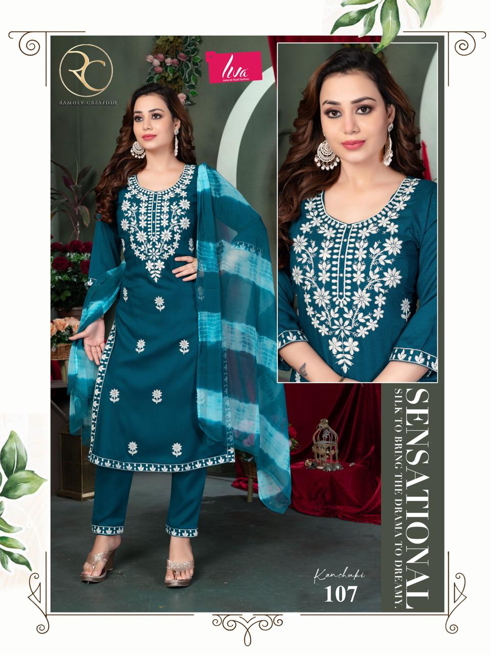 Kanchuki Vol 2 Ramdev Creation Liva Rayon Readymade Pant Style Suits Wholesaler Gujarat