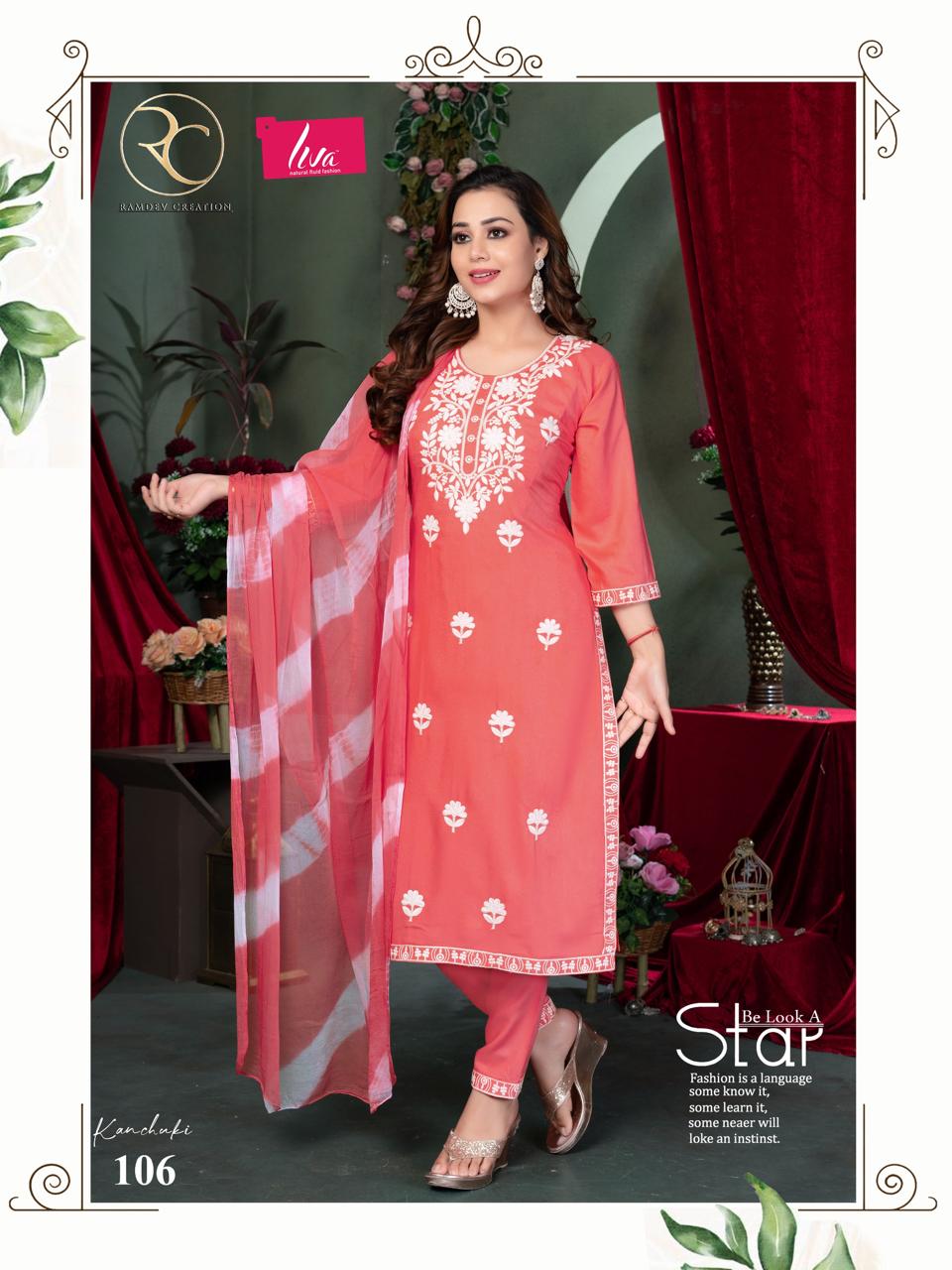 Kanchuki Vol 2 Ramdev Creation Liva Rayon Readymade Pant Style Suits Wholesaler Gujarat