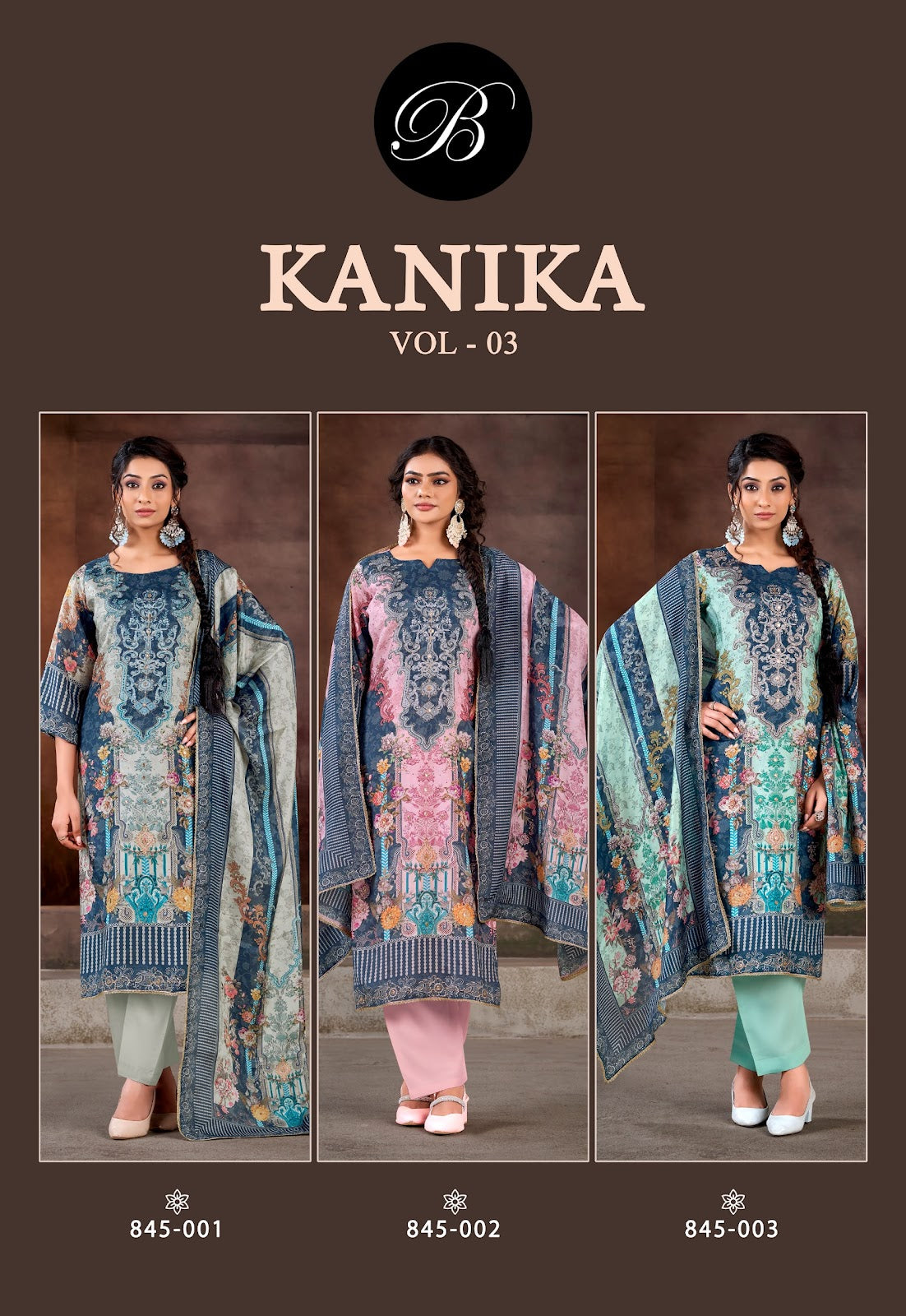 Kanika Vol 3 Belliza Designer Studio Viscose Muslin Karachi Salwar Suits Supplier Ahmedabad