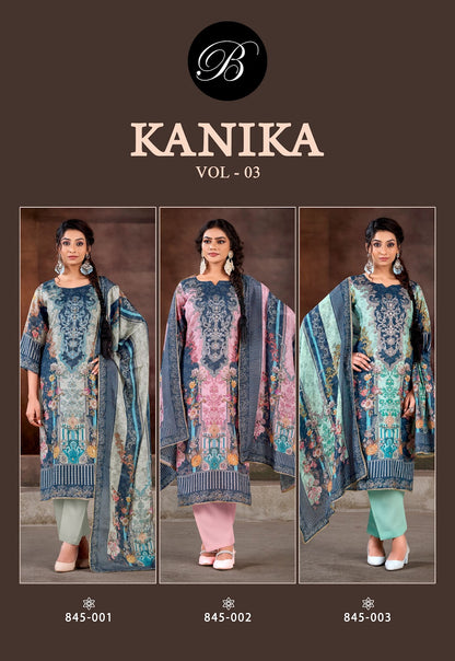 Kanika Vol 3 Belliza Designer Studio Viscose Muslin Karachi Salwar Suits Supplier Ahmedabad