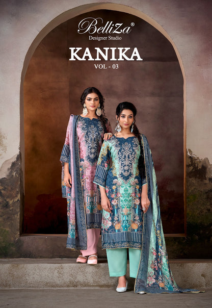 Kanika Vol 3 Belliza Designer Studio Viscose Muslin Karachi Salwar Suits Supplier Ahmedabad