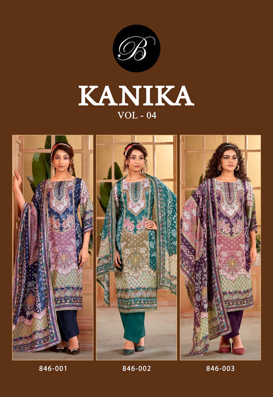 Kanika Vol 4 Belliza Designer Studio Viscose Muslin Karachi Salwar Suits Wholesale Rate