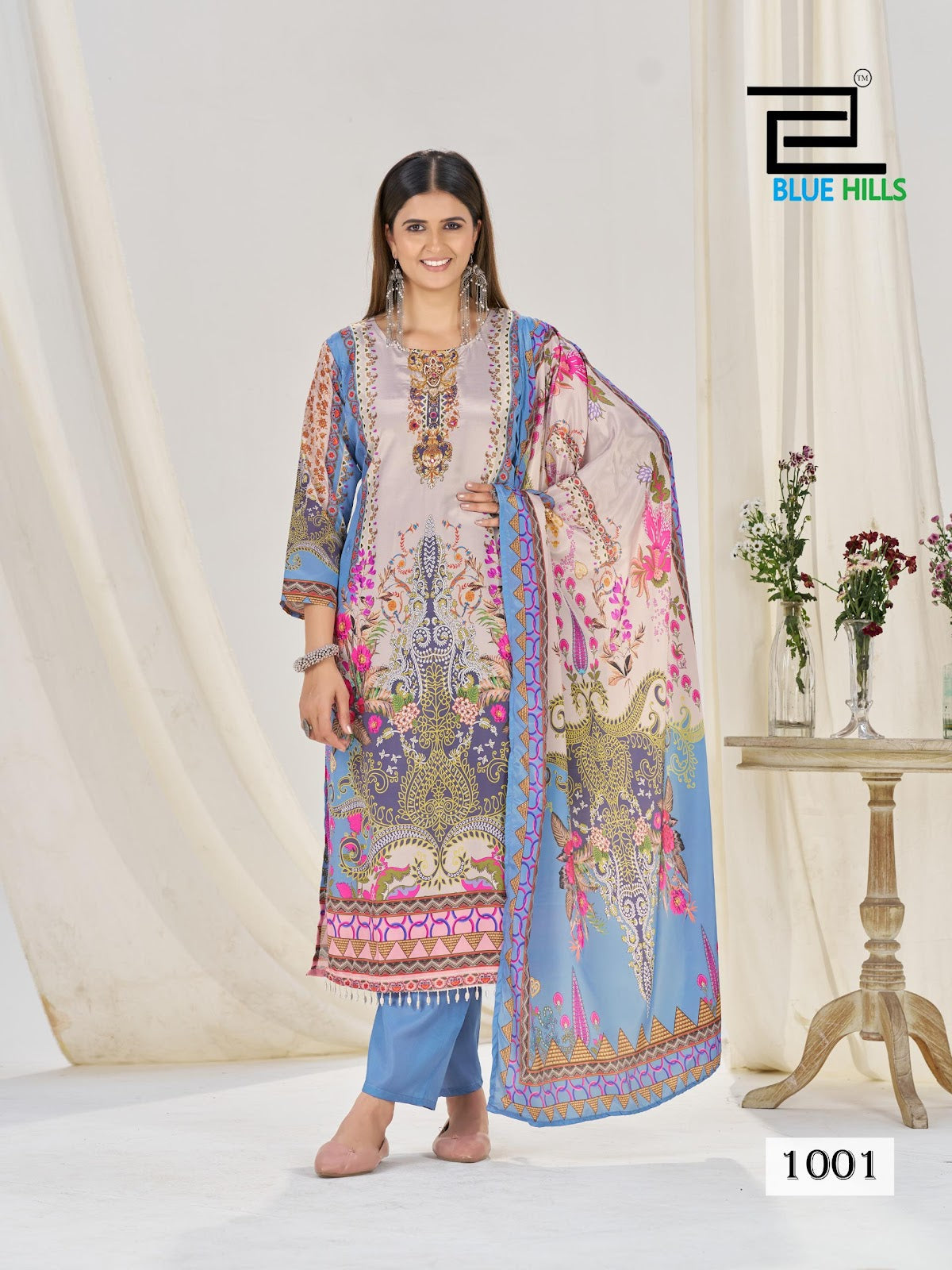 Kanza Blue Hills Crape Readymade Pant Style Suits Manufacturer Ahmedabad