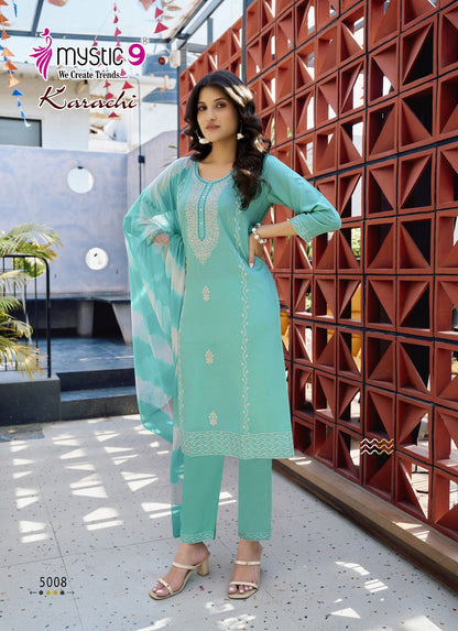 Karachi Vol 5 Mystic 9 Heavy Rayon Readymade Suits Exporter Ahmedabad