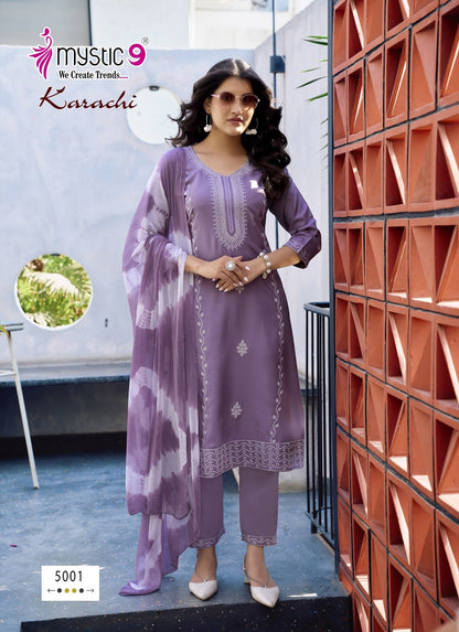 Karachi Vol 5 Mystic 9 Heavy Rayon Readymade Suits Exporter Ahmedabad