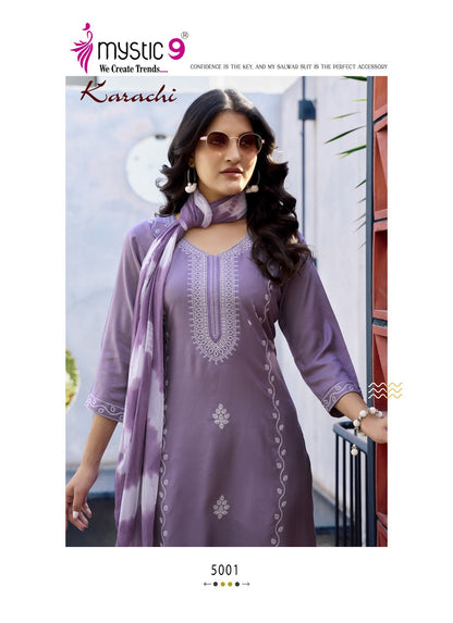 Karachi Vol 5 Mystic 9 Heavy Rayon Readymade Suits Exporter Ahmedabad