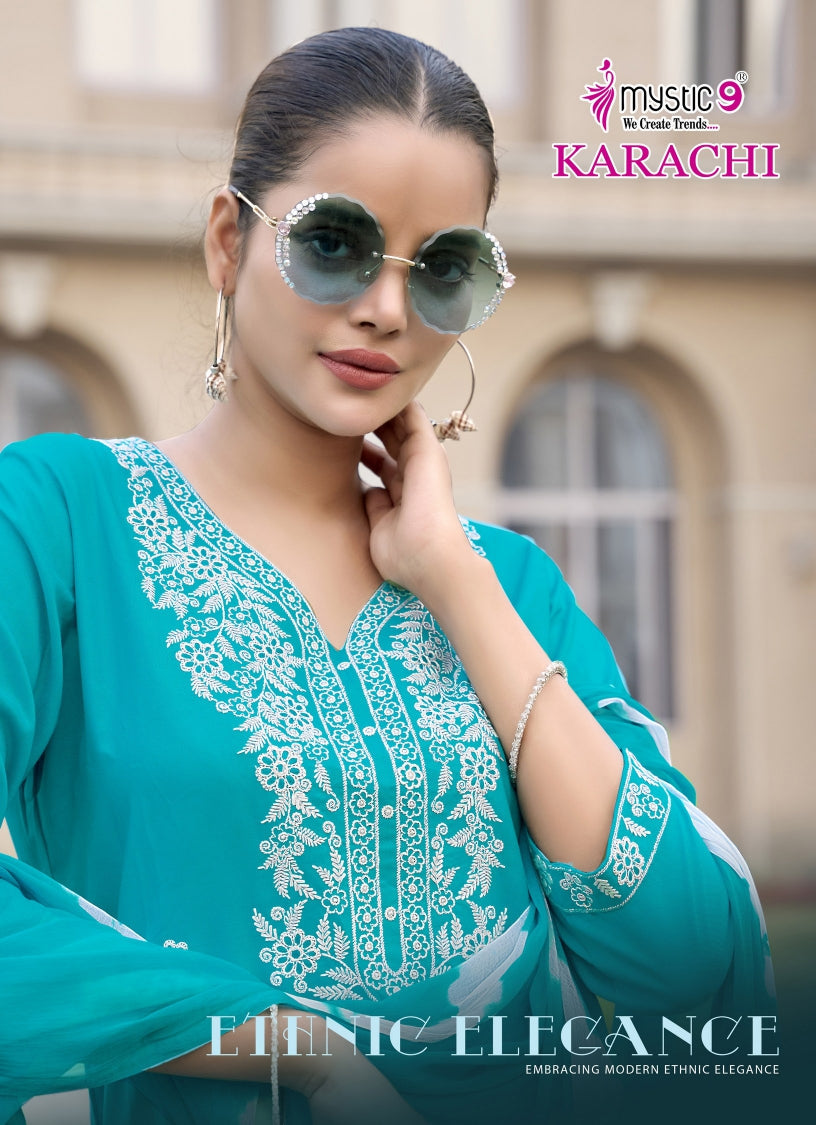 Karachi Vol 6 Mystic 9 Rayon Readymade Pant Style Suits Wholesaler