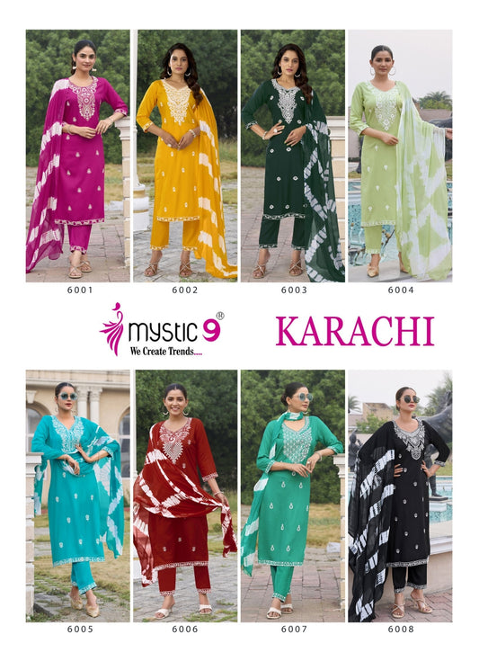 Karachi Vol 6 Mystic 9 Rayon Readymade Pant Style Suits Wholesaler