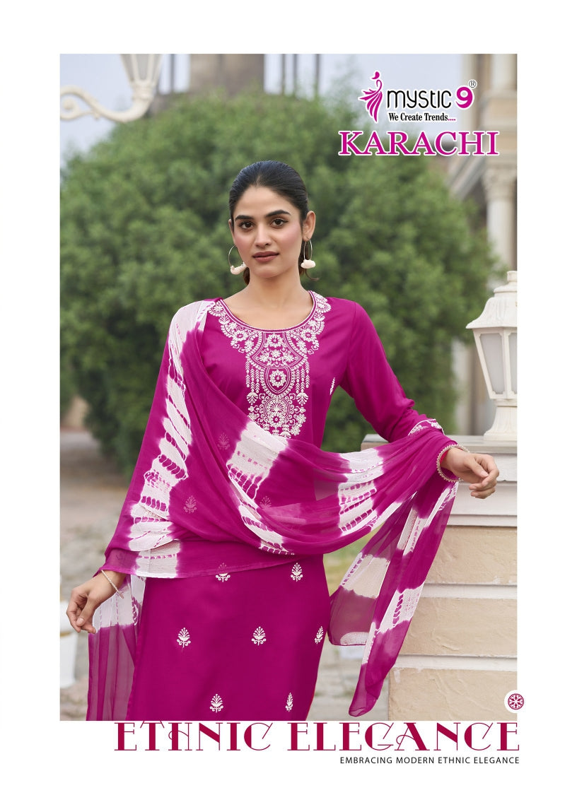 Karachi Vol 6 Mystic 9 Rayon Readymade Pant Style Suits Wholesaler